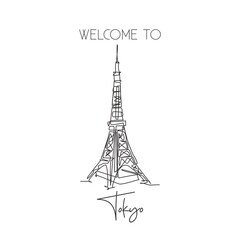 Depok, Indonesia - August 1, 2019: Single continuous line drawing Tokyo Tower landmark. Beauty iconic place in Tokyo, Japan. World travel home wall decor art poster print concept. Vector illustration