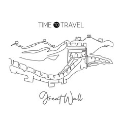 One continuous line drawing Great Wall of Badaling landmark. World famous place in Beijing, China. Holiday home decor wall art poster print concept. Modern single line draw design vector illustration
