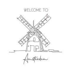 Single continuous line drawing Molen De Adriaan Windmill landmark. Beauty famous place in Netherlands. World travel home decor wall art poster concept. Modern one line draw design vector illustration © Simple Line