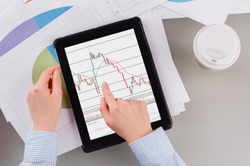 Close up female hands holding digital tablet with graphs. Business woman checking statistics of financial document data graph.