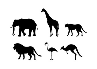 Different types of wild animals silhouette icon set vector. Black silhouettes of wild animals icon vector. Group of animals icon set isolated on a white background