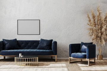 Blank poster frame in modern scandinavian style living room interior mock up with dark blue sofa and armchair, living room interior background, 3d rendering - obrazy, fototapety, plakaty