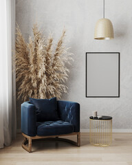 Poster frame mock up in modern living room interior background with dark blue armchair and gray wall, minimalistic scandinavian style, 3d illustration © Oleksandr