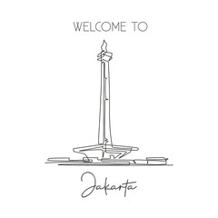 Depok, Indonesia - August 5, 2019: One single line drawing Monas landmark. World iconic famous place in Jakarta, Indonesia. Tourism travel postcard wall decor poster art concept. Vector illustration