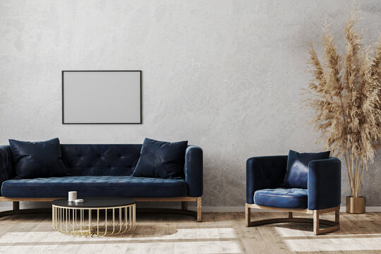 Fototapeta Blank poster frame in modern scandinavian style living room interior mock up with dark blue sofa and armchair, living room interior background, 3d rendering