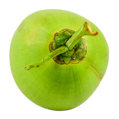 The green young coconut is completely separated from the white background.