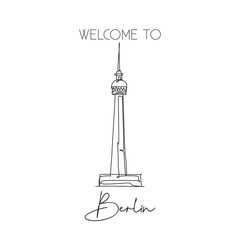 Depok, Indonesia - August 6, 2019: One single line drawing Berlin TV Tower landmark. World famous place in Berlin, Germany. Tourism travel postcard wall decor poster print concept. Vector illustration © Simple Line