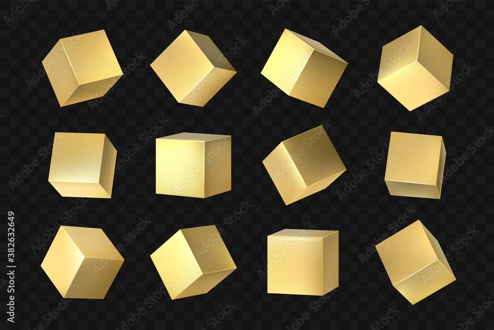 Poster Golden 3D cubes. Geometric yellow shiny packaging, product square container template. Realistic metallic box from different angles with light and shadow effect. Vector gold forms or blocks shapes set