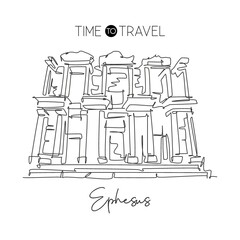 Single continuous line drawing Ephesus Ancient Greek landmark. Beauty famous place in Selçuk Ismir, Turkey. World travel wall decor poster art concept. Modern one line draw design vector illustration