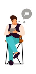 Man with devices sending messages, photos. Cartoon man sitting on chair with speech bubble. Smartphone chat application, mobile messenger. Human leisure activity vector social networks illustration