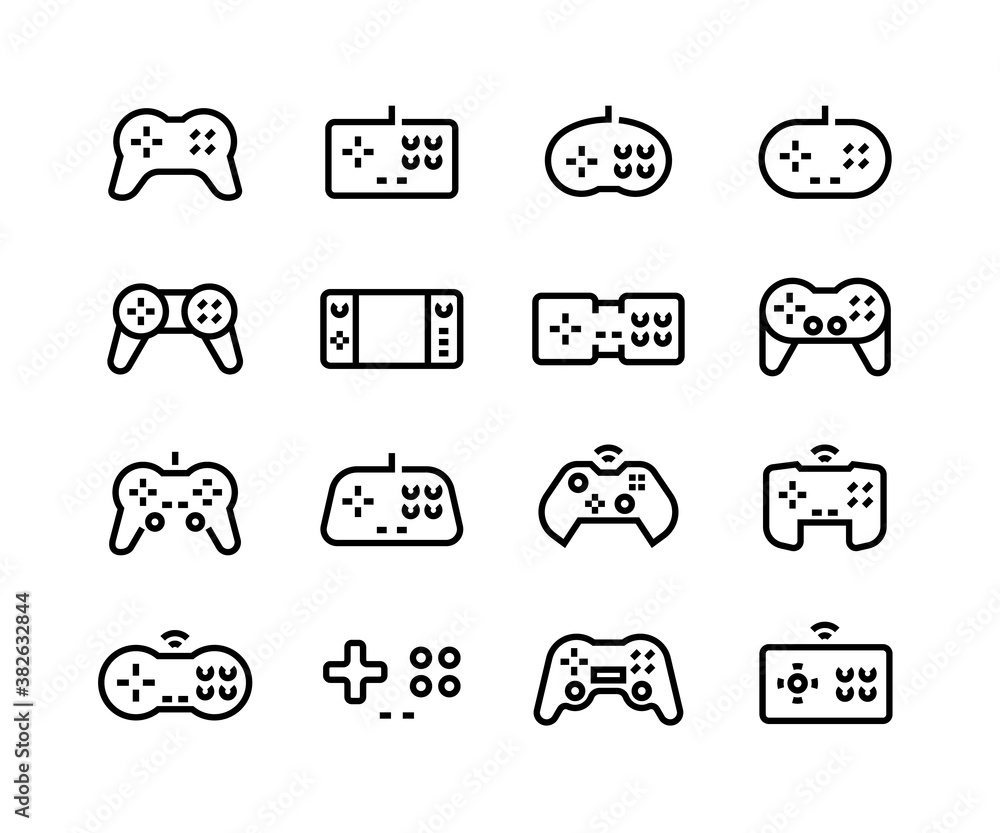 Aufkleber Gamepad icons. Video game joystick controller. Retro pictogram for arcade logo. Black lines device for play station and computer on white background. Vector console and PC gaming buttons set