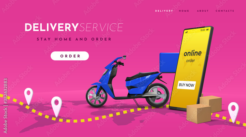 Poster Delivery landing. Online food and goods mobile app service. Site interface with buttons and lettering. Products order application for home and office. Vector web page with realistic scooter smartphone