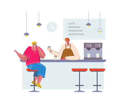 Trendy man with phone in cafe. Doodle people drink beverage in bar. Barista making cappuccino concept. Cafeteria interior with high chairs and menu on wall. Vector character sitting in coffee shop