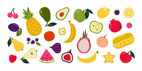 Cartoon fruits. Doodle summer berries, watermelon orange lemon, garden vegetarian organic product. Cute collection exotic delicious for wrapping paper, textile, tableware. Vector isolated tropical set
