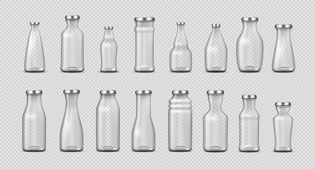 Glass bottles. Realistic empty 3D containers for milk, water, cold coffee and juice advertising. Collection closed packages in different forms mockup. Vector isolated transparent jar template set
