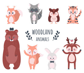 Cute forest animals. Funny cartoon woodland characters, bear and rabbit, fox raccoon cat, bunny and deer. Waving hands creatures banner, kids poster with text. Wildlife greeting card, vector fauna set