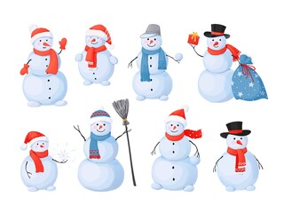Snowman. Cartoon Christmas characters with happy faces, sculpture for winter outdoor activity after snowfall. Snow and ice figure from white balls with scarves, hats, carrot nose vector isolated set
