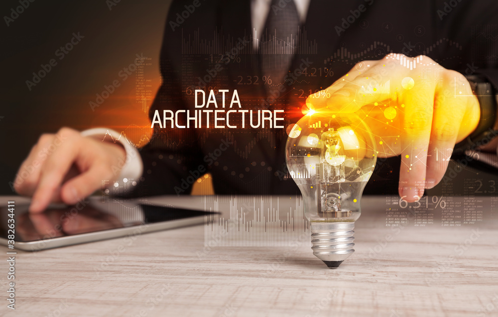 Wall mural businessman holding lightbulb with data architecture inscription, business technology concept