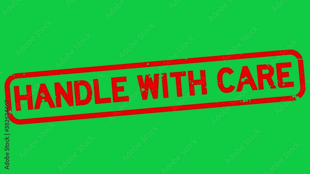 Sticker Grunge red handle with care word square rubber seal stamp zoom on green background