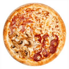 Delicious classic italian pizza with Mozzarella, chicken fillet , ham, pepperoni sausage and mushrooms