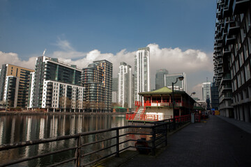 View of Millwall Inner Dock with South Quay and Canary Wharf in the background from Crossharbour in...