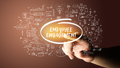 Hand touching EMPLOYEE ENGAGEMENT inscription, hand drawn icons around, business plan concept