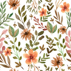 Warm and Brown Leaves Watercolor Seamless Pattern