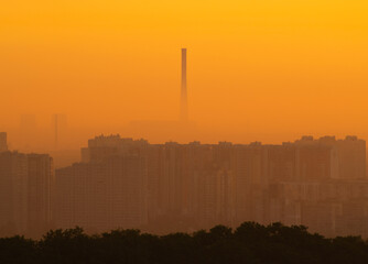CHP-6 pipe on dawn. One of the tallest pipes in the world. Kiev, Ukraine. Left Bank, Troyeshina residential area