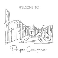 One continuous line drawing Pompeii classical Roman city landmark. Historical skyline at Naples, Italy. Holiday vacation wall decor poster concept. Trendy single line draw design vector illustration