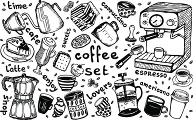 Big coffee set. Coffee machine, cups, kettle, french press, mocha, sweets and more. Vector doodle illustration. Hand drawing.