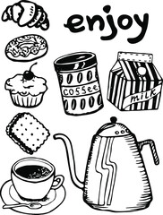 Coffee enjoy set. Kettle, sweets, coffee can, cup and milk. Doodle vector illustration. Hand drawing