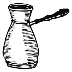 Cezve with coffee. Single doodle vector illustration. Hand drawn.