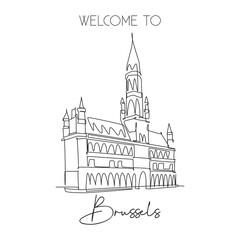 Single continuous line drawing Grand Place of Brussels landmark. Most beautiful famous place in Belgium. World travel home wall decor poster concept. Simple one line draw design vector illustration