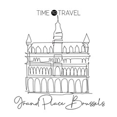 One single line drawing Grand Place Brussels landmark. Famous iconic in Belgium. Tourism travel postcard home wall decor poster print concept. Trendy continuous line draw design vector illustration