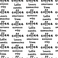 Coffee pattern. Seamless black and white pattern with words about coffee. Hand drawn