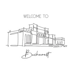 One single line drawing of Palace of the Parliament Romania Bucharest landmark. Tourism travel postcard home wall decor poster print art concept. Trendy continuous line draw design vector illustration