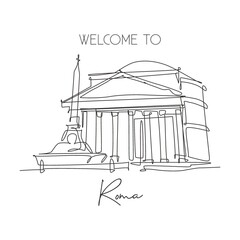 One single line drawing Pantheon landmark. Iconic ancient temple in Rome Italy. Tourism travel postcard home wall decor art poster print concept. Trendy continuous line draw design vector illustration