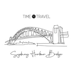 Single continuous line drawing Sydney Harbour Bridge landmark. Beautiful construction in Australia. World travel home decor wall art poster concept. Modern one line draw design vector illustration