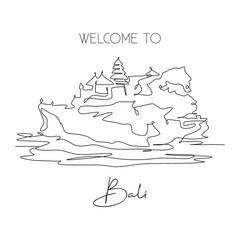 One single line drawing of Tanah Lot landmark. World famous natural hill in Bali, Indonesia. Tourism travel postcard home wall decor art concept. Modern continuous line draw design vector illustration