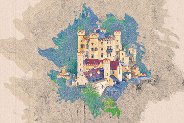 Color pencil drawing picture of Neuschwansten Castle famous landmark in Fussen at Germany.
