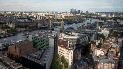 Aerial skyline view of the city of London. This view includes River Thames the financial Bank district famous skyscrapers and the Monument