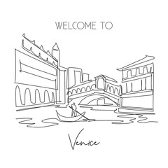 One single line drawing Rialto Bridge landmark. World famous iconic canal in Venice Italy. Tourism travel postcard home wall decor poster print concept. Continuous line draw design vector illustration - obrazy, fototapety, plakaty