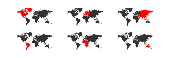 Continents map. Vector world globe illustration. Red and black icon set Asia, America, Europe, Africa and Australia - obrazy, fototapety, plakaty