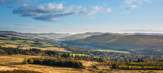 Beautiful Scotland in autumn colours - View over Pitlochry from the path to Ben Vrackie