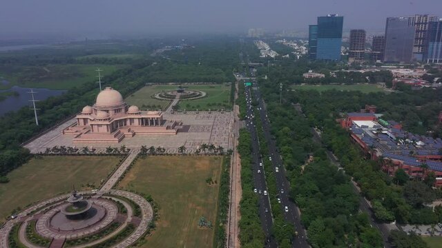 An aerial shot of the Noida film city, Ambedkar park and Delhi to Agra Expressway at Noida,NCR,India