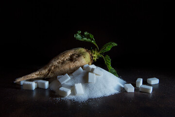 sugar beet and white sugar with rust background