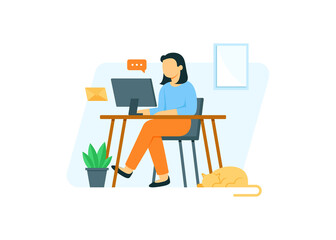 illustration concept of remote working, women work from home accompanied with her cat