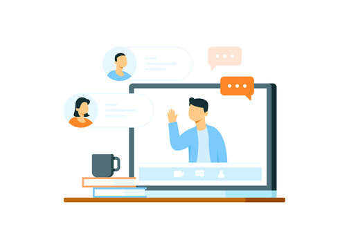 illustration of online meeting concept, group of people talking about job via video call