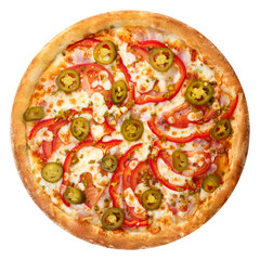 Delicious classic italian pizza with Mozzarella, ham, pepperoni sausage, pepper and tomatoes