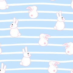Cute Blue Striped Rabbit Seamless Pattern